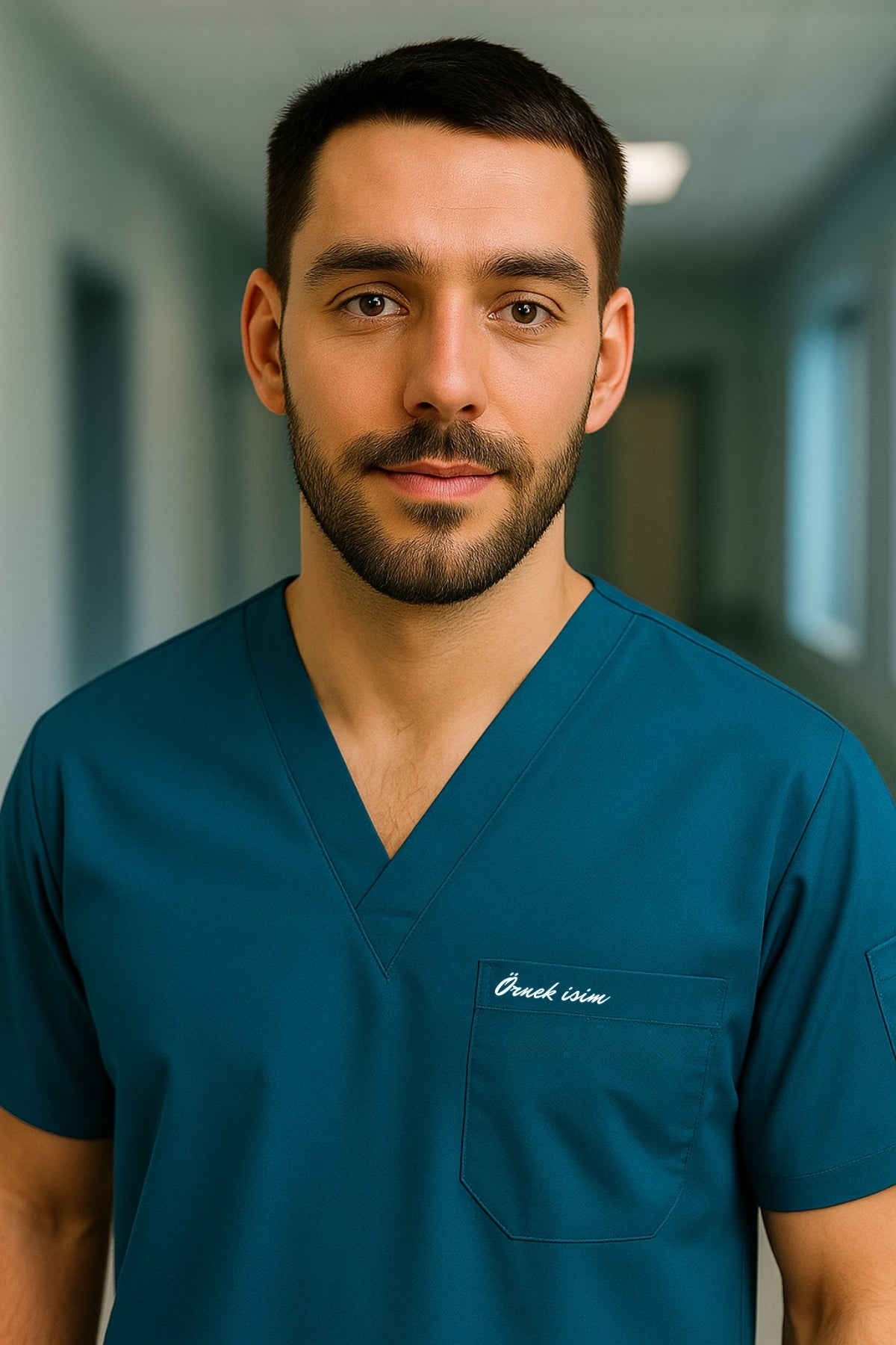 Kişiye Özel İsimli Erkek Tek Üst 4 Cepli Scrubs Forma - Petrol