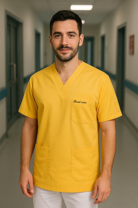Kişiye Özel İsimli Erkek Tek Üst 4 Cepli Scrubs Forma - Sarı