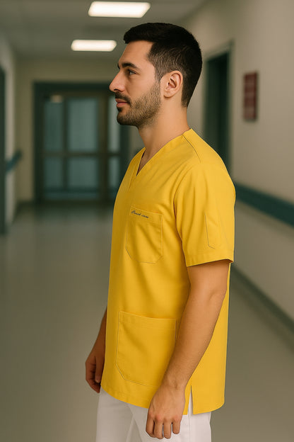 Kişiye Özel İsimli Erkek Tek Üst 4 Cepli Scrubs Forma - Sarı