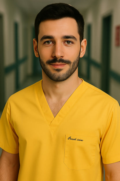 Kişiye Özel İsimli Erkek Tek Üst 4 Cepli Scrubs Forma - Sarı