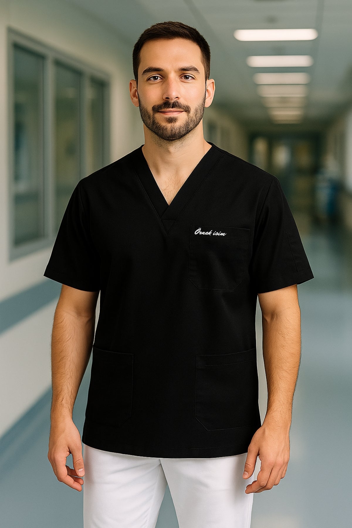 Kişiye Özel İsimli Erkek Tek Üst 4 Cepli Scrubs Forma - Siyah