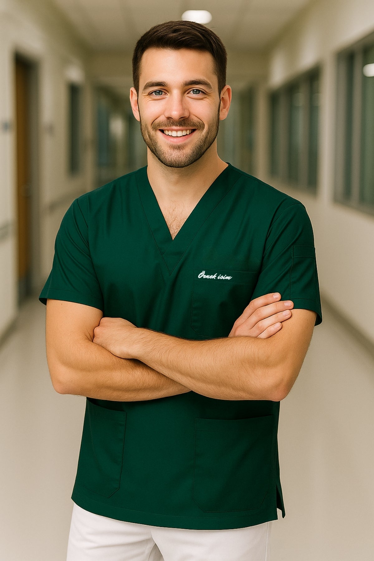 Kişiye Özel İsimli Erkek Tek Üst 4 Cepli Scrubs Forma - Yeşil