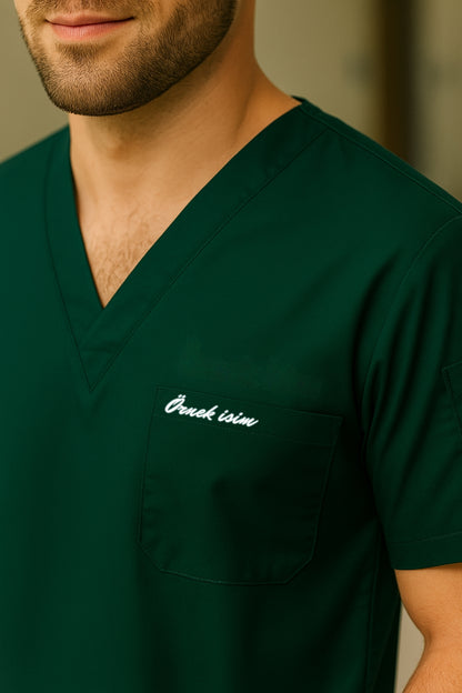 Kişiye Özel İsimli Erkek Tek Üst 4 Cepli Scrubs Forma - Yeşil