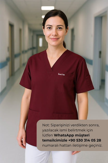 Kişiye Özel İsimli Tek Üst 4 Cepli Scrubs Forma - Bordo