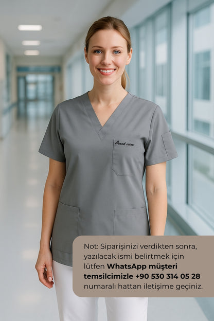 Kişiye Özel İsimli Tek Üst 4 Cepli Scrubs Forma - Gri