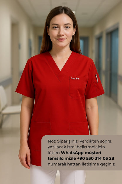 Kişiye Özel İsimli Tek Üst 4 Cepli Scrubs Forma - Kırmızı