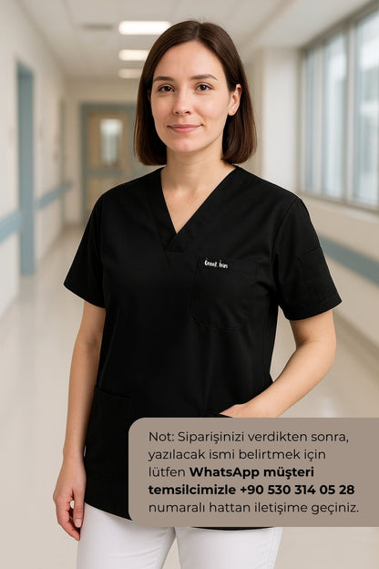 Kişiye Özel İsimli Tek Üst 4 Cepli Scrubs Forma - Siyah