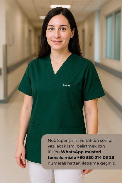 Kişiye Özel İsimli Tek Üst 4 Cepli Scrubs Forma - Yeşil