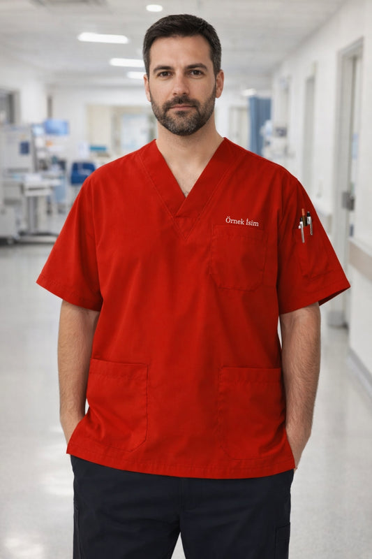 Personalized Men's Single Top 4-Pocket Scrubs Jersey - Red