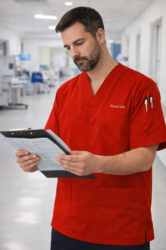 Personalized Men's Single Top 4-Pocket Scrubs Jersey - Red