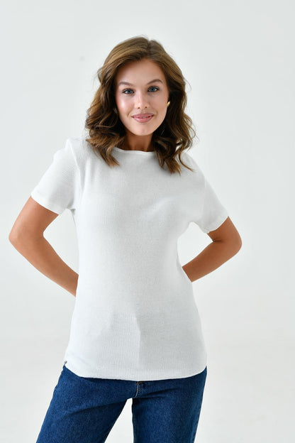 Kısa Kollu Fitilli Bluz - Kırık Beyaz
