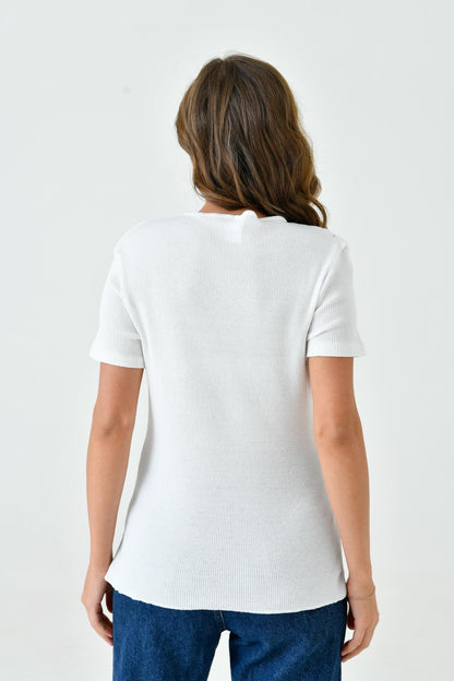 Kısa Kollu Fitilli Bluz - Kırık Beyaz