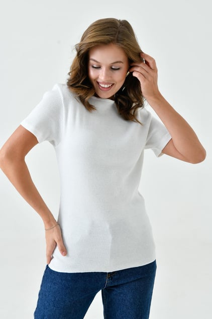 Kısa Kollu Fitilli Bluz - Kırık Beyaz