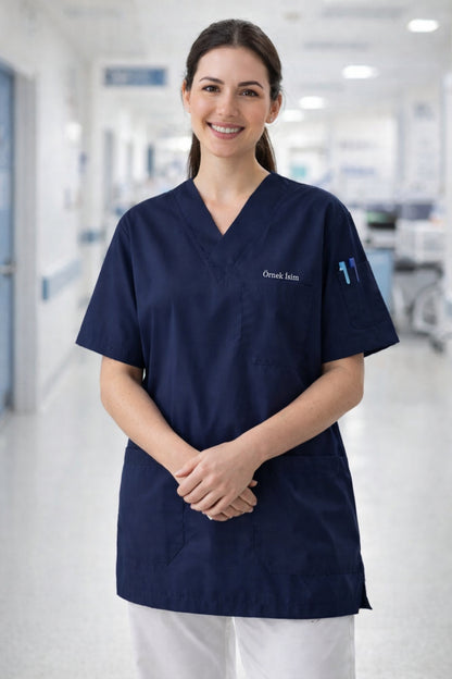 Personalized Scrubs Jersey with 4 Pockets and Custom Name - Navy Blue