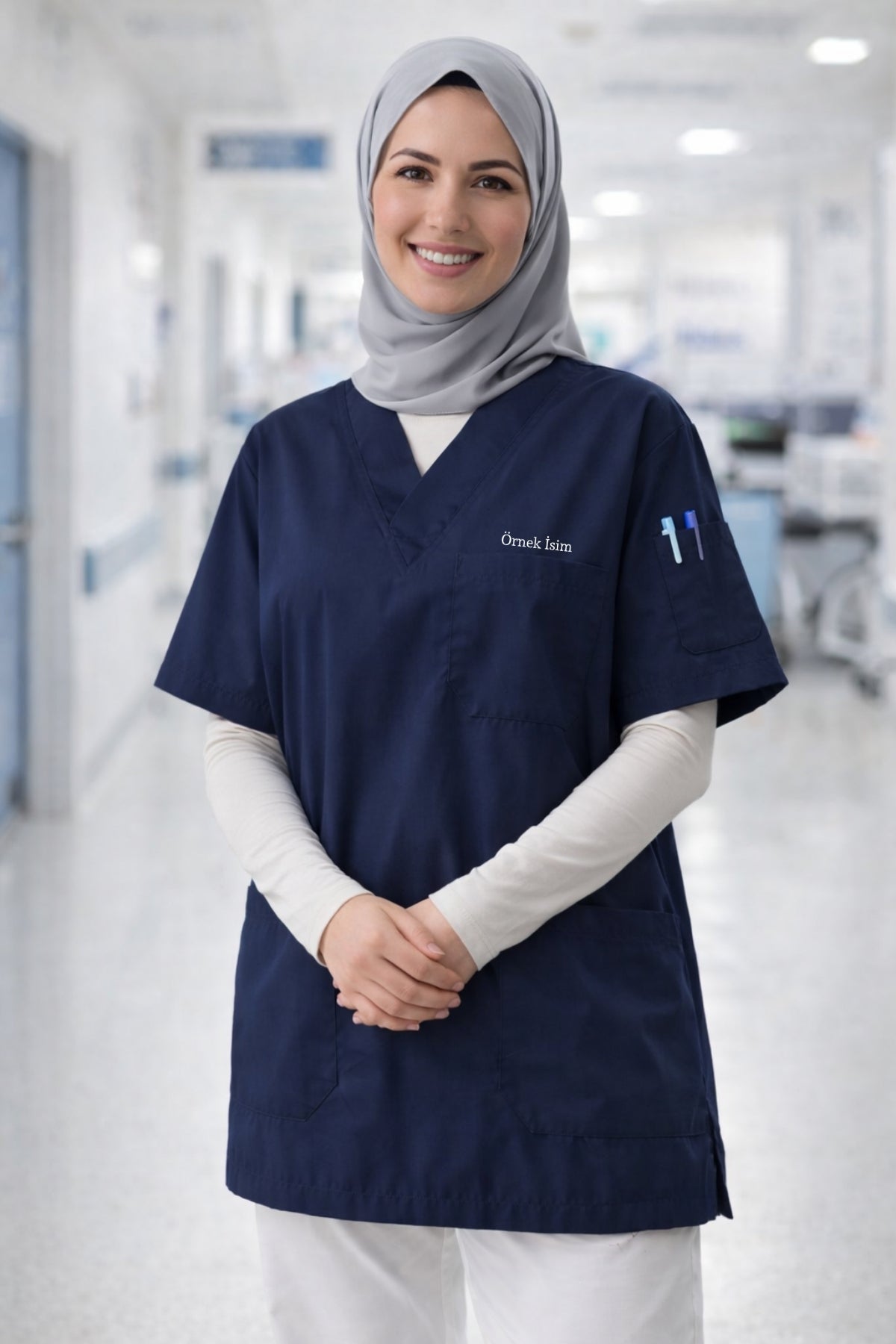 Personalized Scrubs Jersey with 4 Pockets and Custom Name - Navy Blue