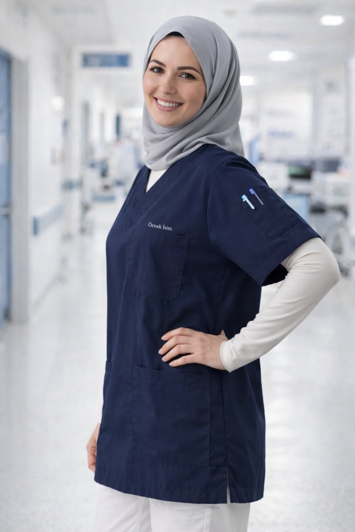 Personalized Scrubs Jersey with 4 Pockets and Custom Name - Navy Blue