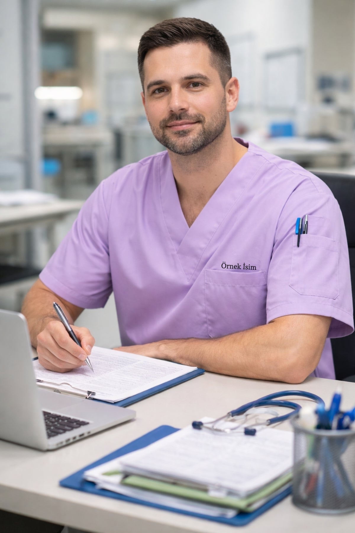 Kişiye Özel İsimli Erkek Tek Üst 4 Cepli Scrubs Forma - Lila