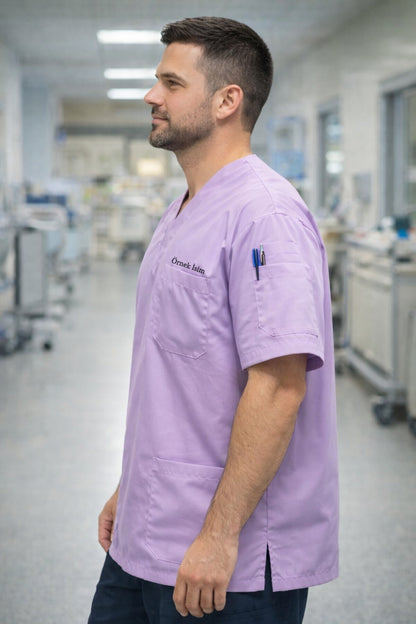 Kişiye Özel İsimli Erkek Tek Üst 4 Cepli Scrubs Forma - Lila