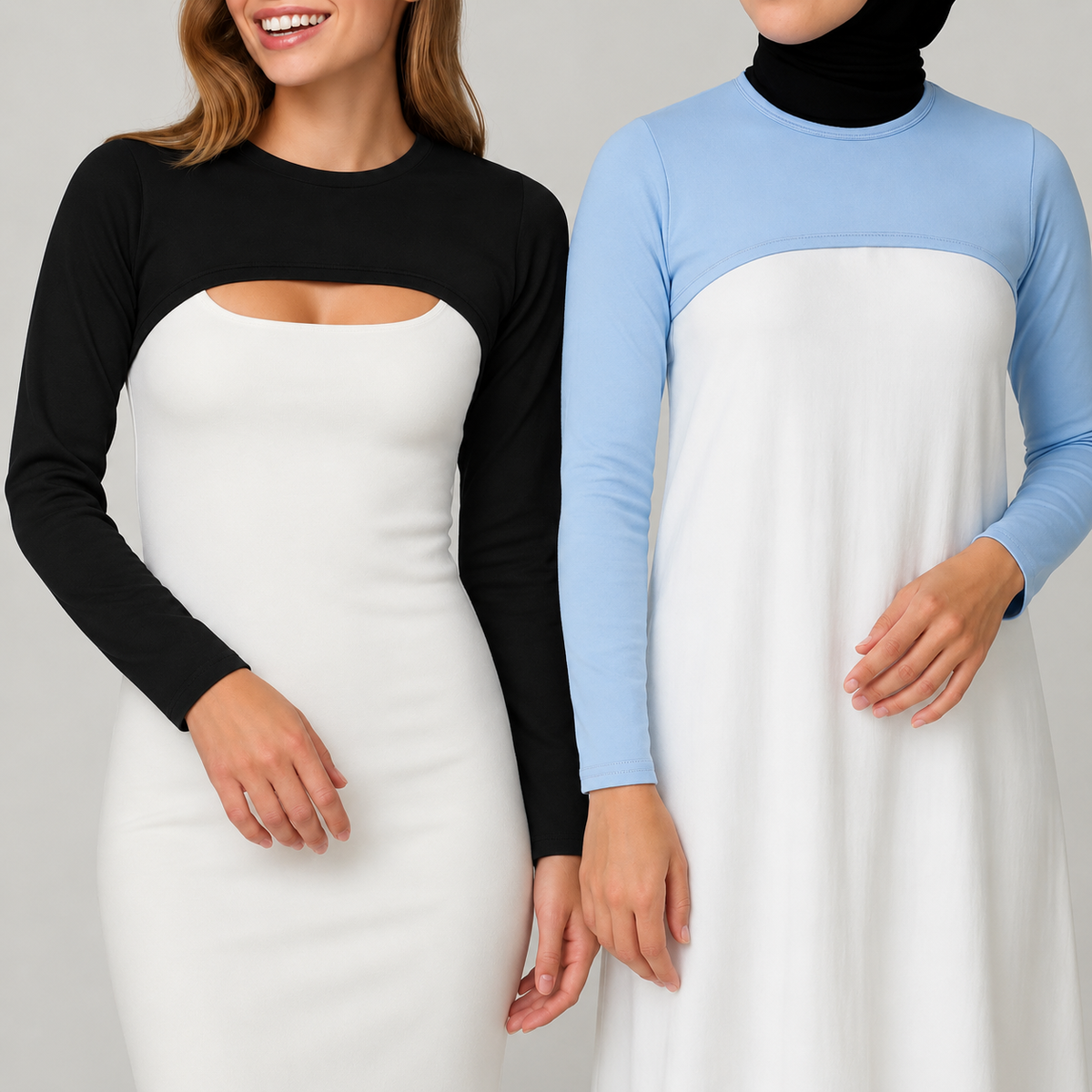 2'li paket mavi ve beyaz penye boyunluklu kolluk yaka detay