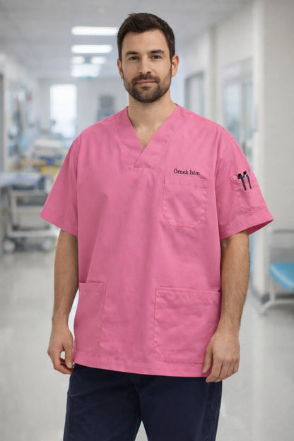Personalized Men's Single Top 4-Pocket Scrubs Jersey - Pink