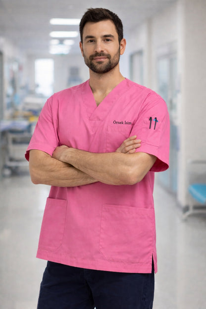 Personalized Men's Single Top 4-Pocket Scrubs Jersey - Pink