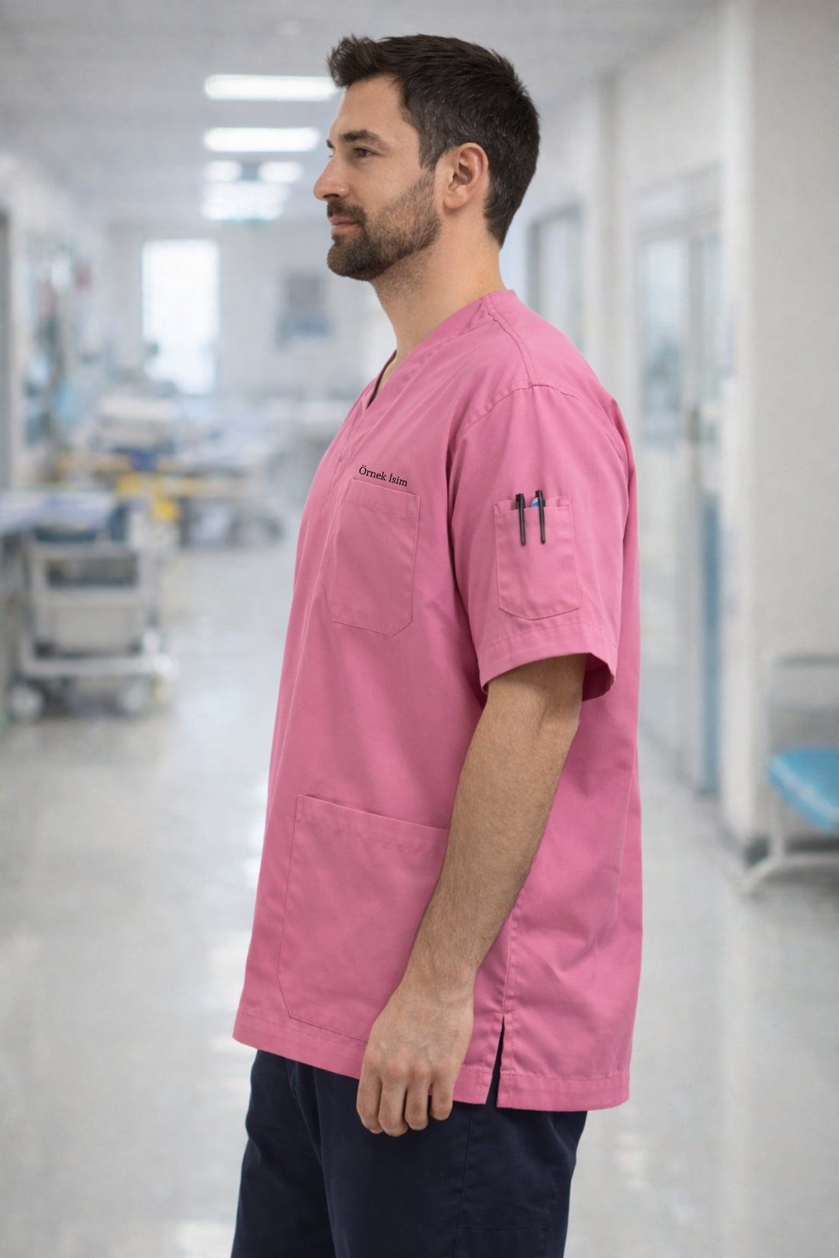 Personalized Men's Single Top 4-Pocket Scrubs Jersey - Pink