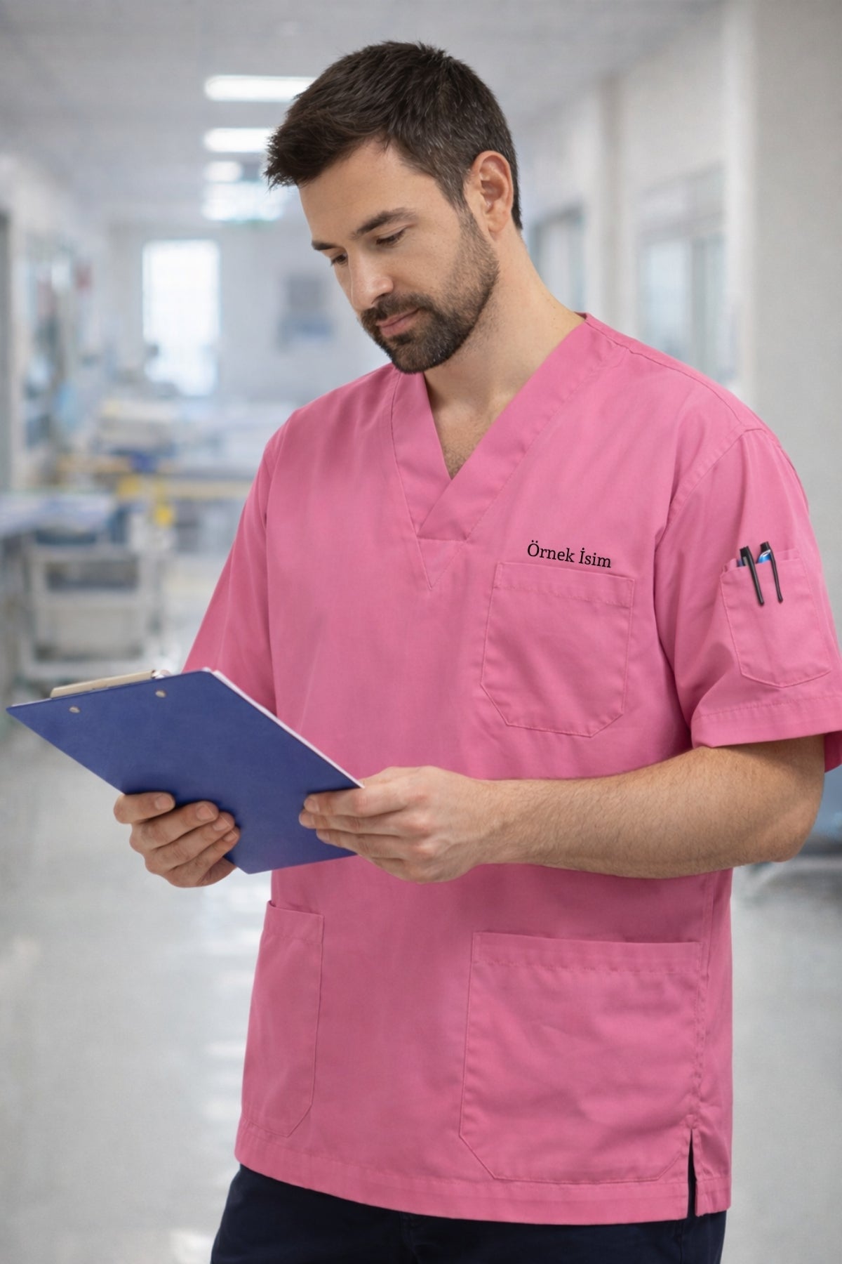 Personalized Men's Single Top 4-Pocket Scrubs Jersey - Pink