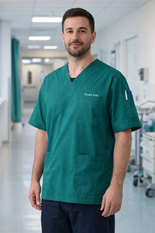 Personalized Men's Single Top 4-Pocket Scrubs Jersey - Petrol