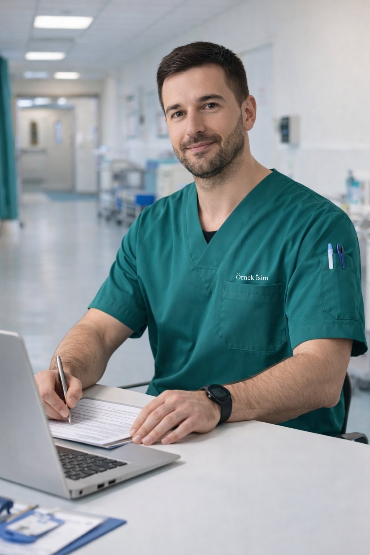 Kişiye Özel İsimli Erkek Tek Üst 4 Cepli Scrubs Forma - Petrol