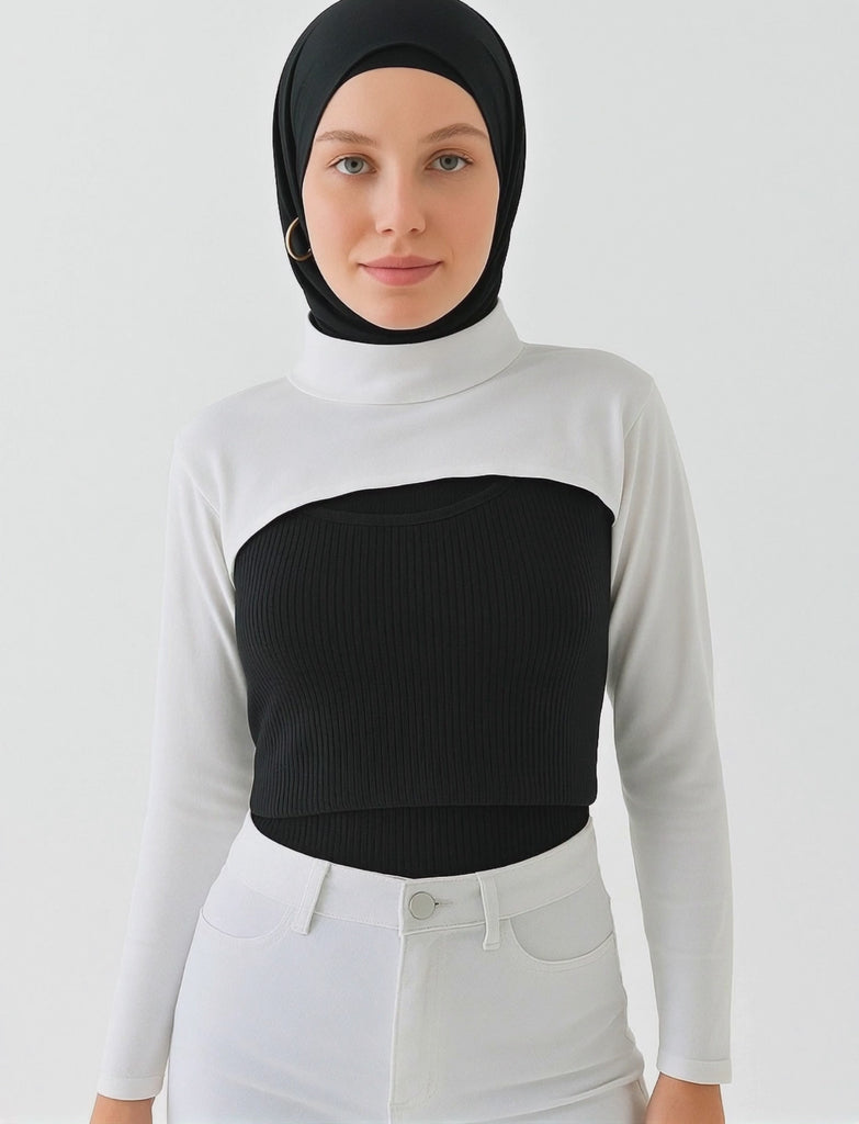 boyunluk tesettür model ile uyumlu uzun kolluk tesettür kombin