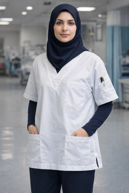 قميص طبي أبيض بأربعة جيوب