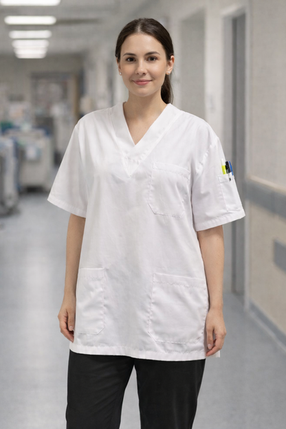 قميص طبي أبيض بأربعة جيوب