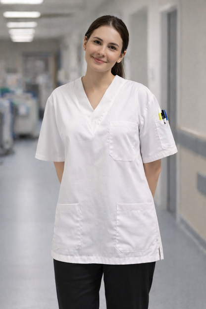 قميص طبي أبيض بأربعة جيوب