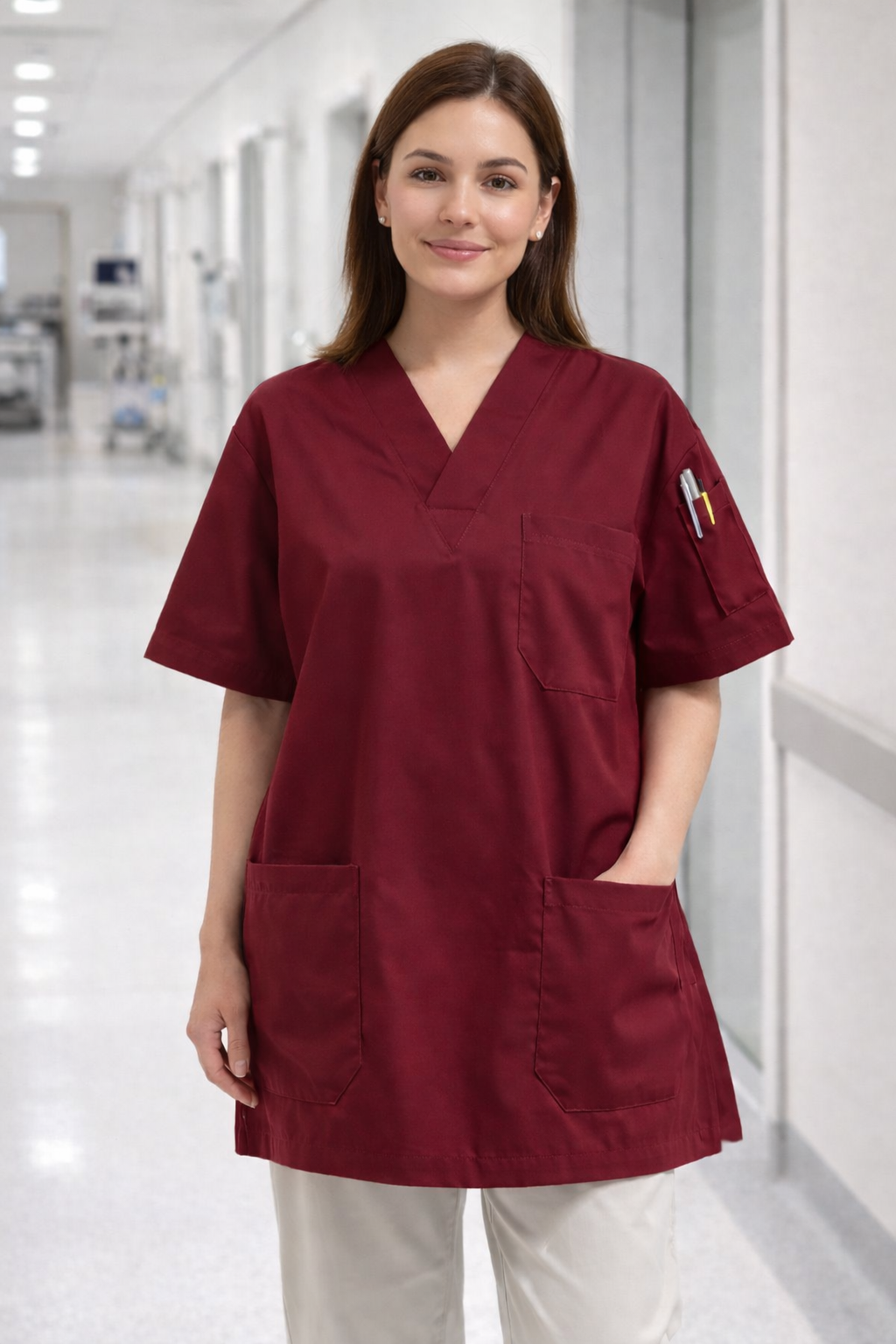 Single Top 4 Pocket Scrubs Jersey - Burgundy