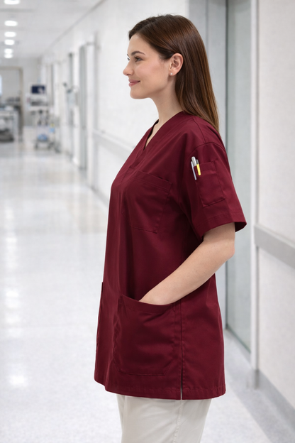 Single Top 4 Pocket Scrubs Jersey - Burgundy