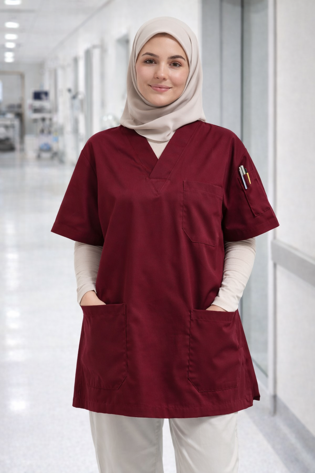 Single Top 4 Pocket Scrubs Jersey - Burgundy