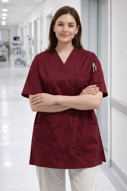 Single Top 4 Pocket Scrubs Jersey - Burgundy