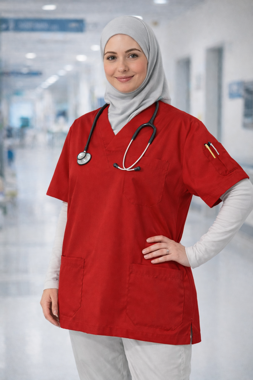 Tek Üst 4 Cepli Scrubs Forma - Kırmızı