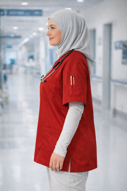 Tek Üst 4 Cepli Scrubs Forma - Kırmızı