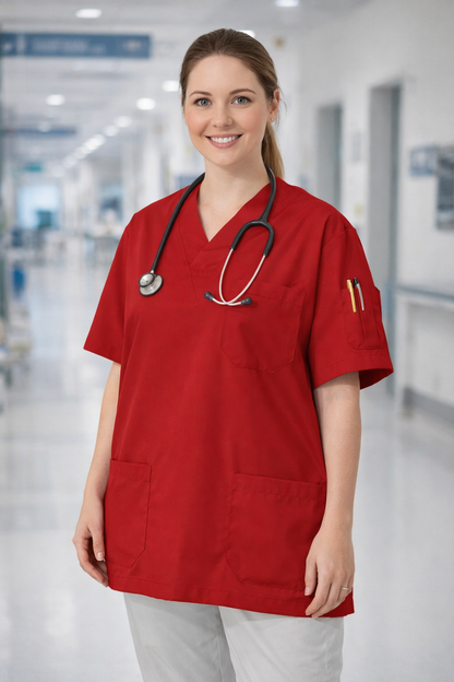 Tek Üst 4 Cepli Scrubs Forma - Kırmızı