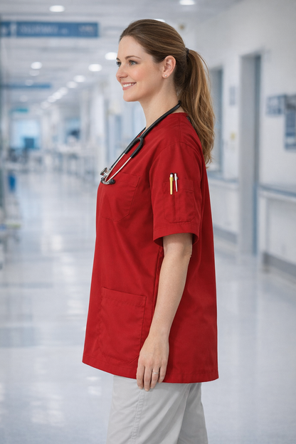 Tek Üst 4 Cepli Scrubs Forma - Kırmızı