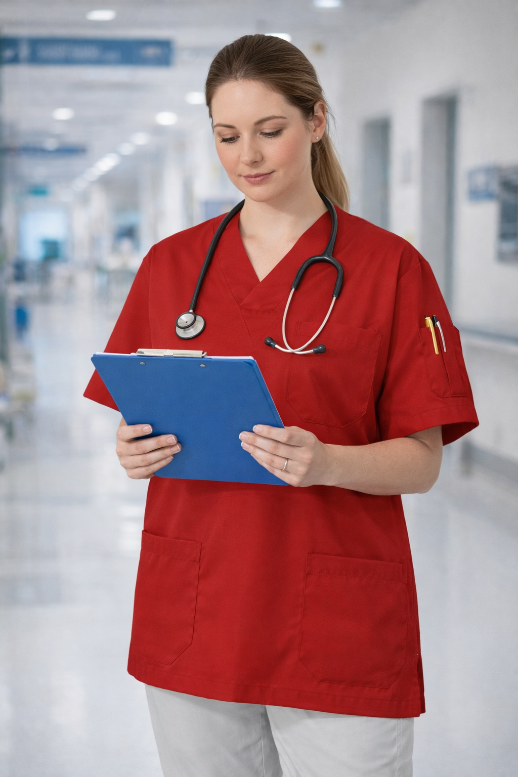 Tek Üst 4 Cepli Scrubs Forma - Kırmızı