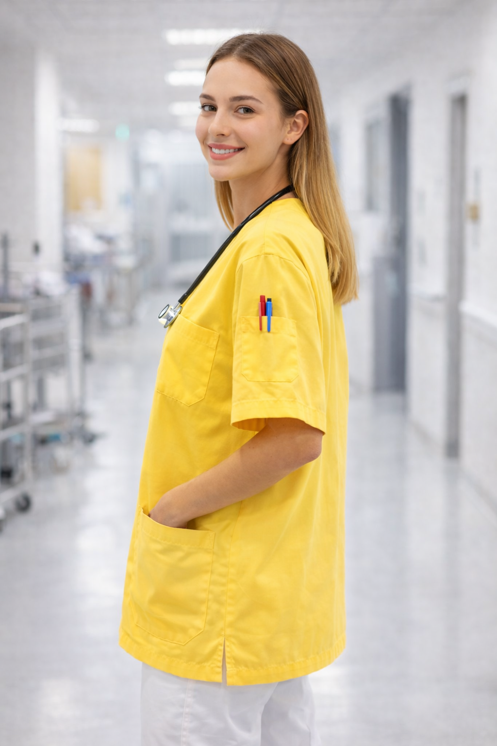 Tek Üst 4 Cepli Scrubs Forma - Limon