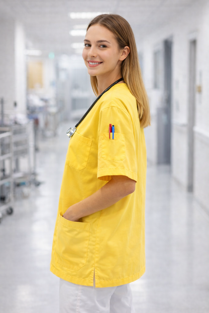 Tek Üst 4 Cepli Scrubs Forma - Limon