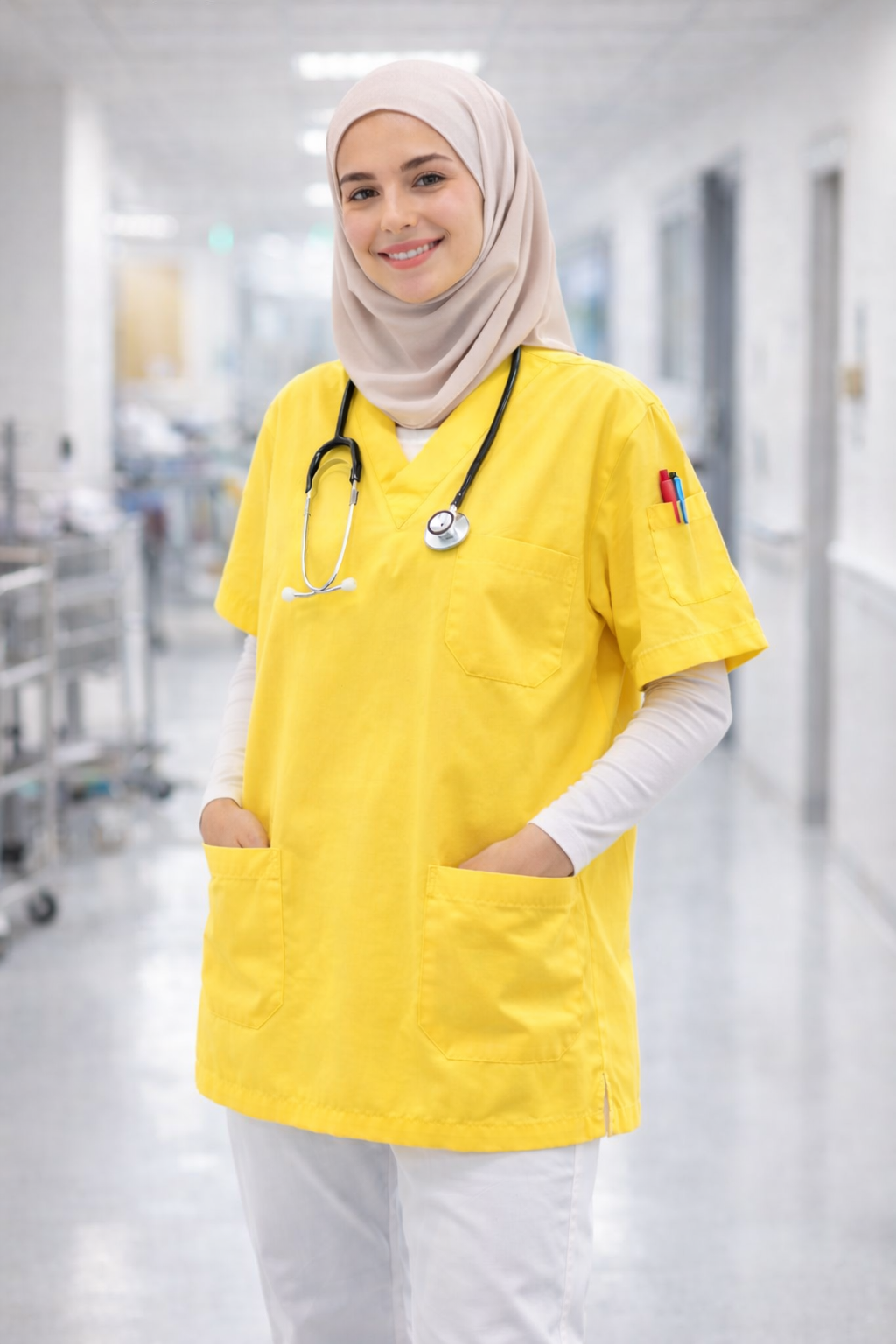 Tek Üst 4 Cepli Scrubs Forma - Limon