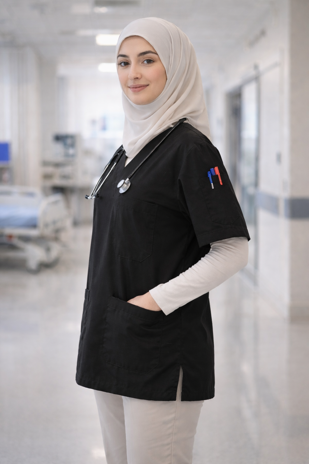 Tek Üst 4 Cepli Scrubs Forma - Siyah