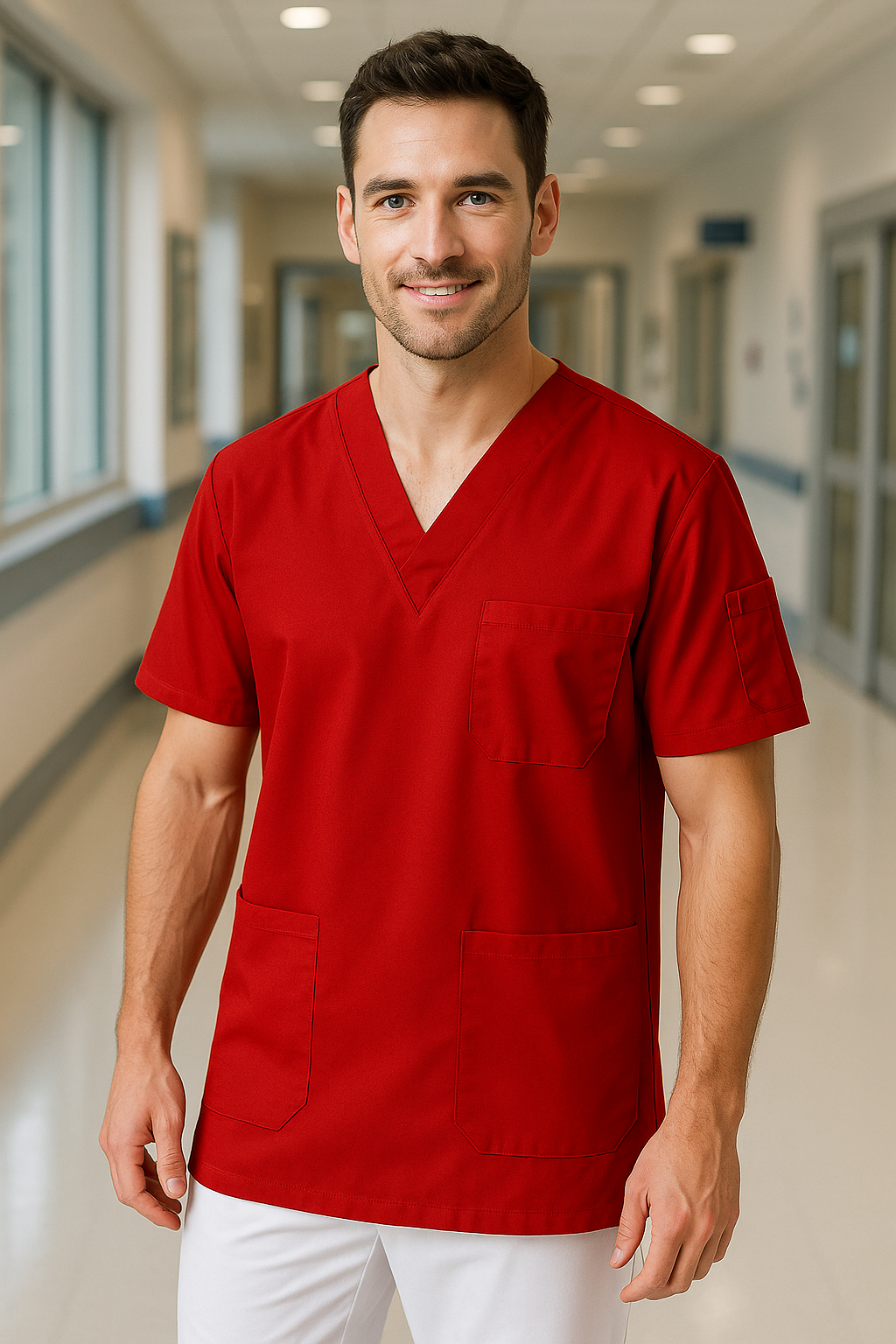 Tek Üst 4 Cepli Erkek Scrubs Forma - Kırmızı
