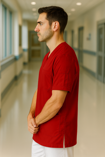 Tek Üst 4 Cepli Erkek Scrubs Forma - Kırmızı