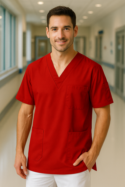 Tek Üst 4 Cepli Erkek Scrubs Forma - Kırmızı