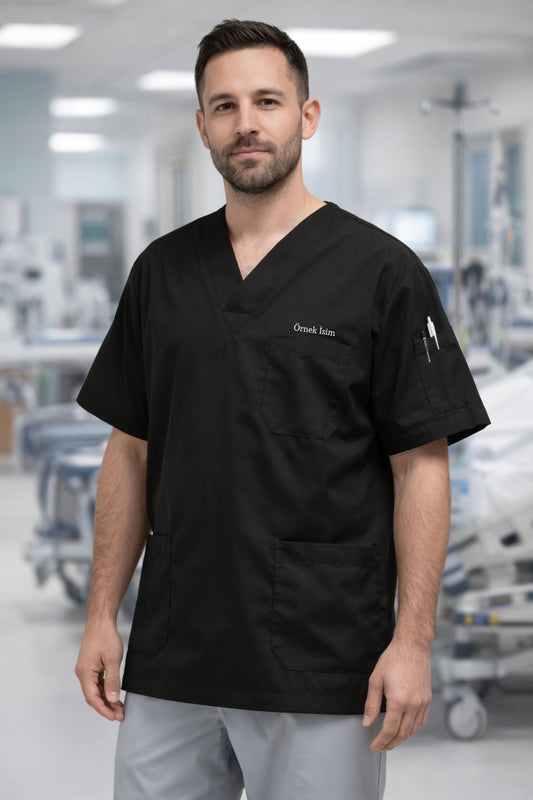 Personalized Men's Single Top Scrubs Jersey with 4 Pockets - Black